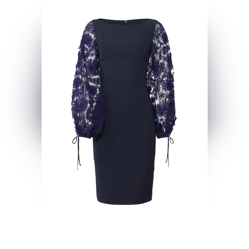 Badgley Mischka Boatneck Sheath Dress with Floral Puff Sleeves, Navy Blue Sz 14 - Picture 15 of 15